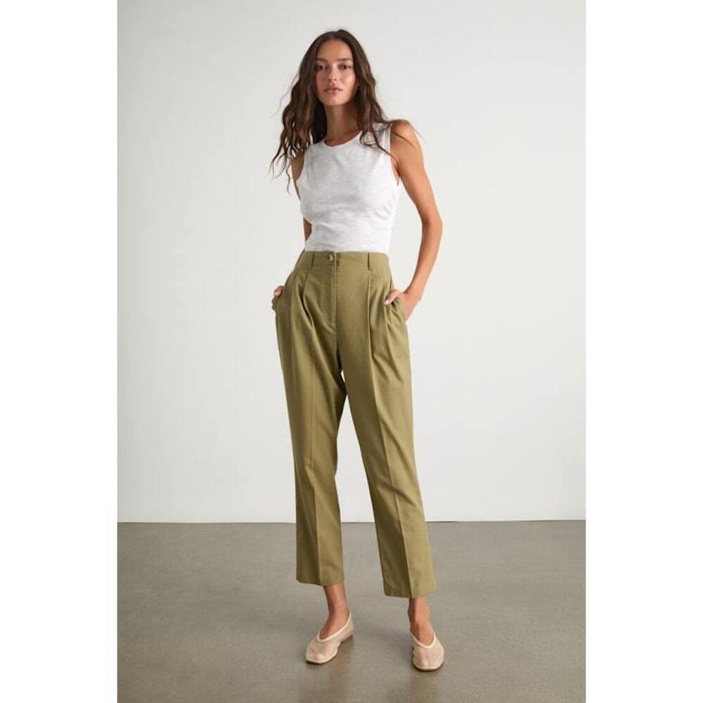 Lulus Sophisticated Company Olive Linen Straight Leg Trousers Green - Size M